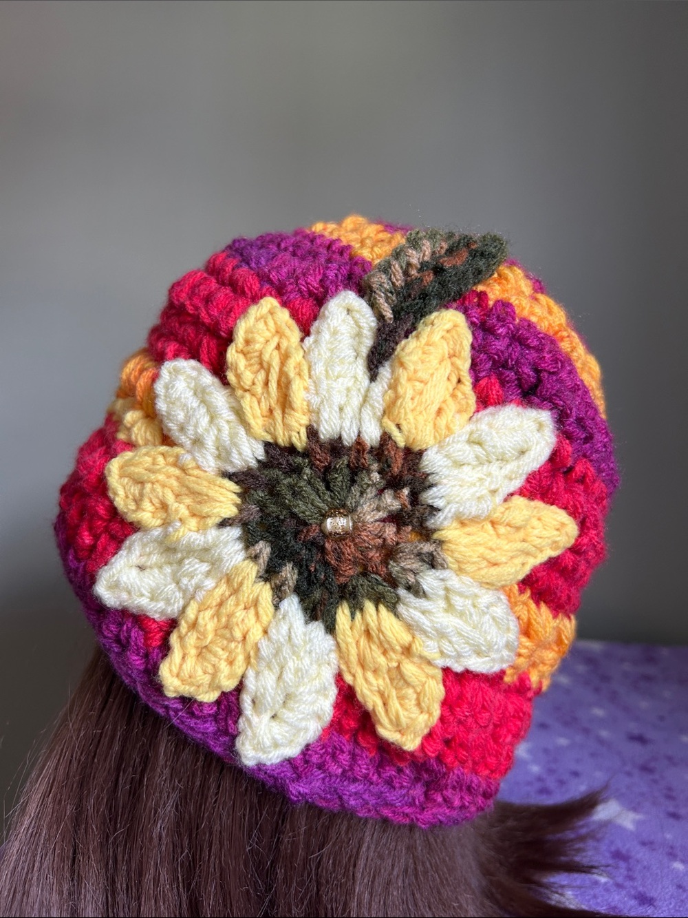 Hand-Crocheted Multicolor Sunflower Beanie - Yellow Accent medium
